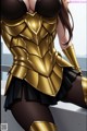 A woman in a gold armor is posing for a picture.