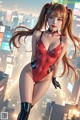 A woman in a red bodysuit and black gloves standing in front of a city.